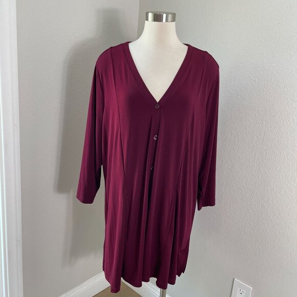 Susan Graver Everyday Womens Plus 3X Burgundy Button Up Tunic Top With Pockets - Picture 1 of 10